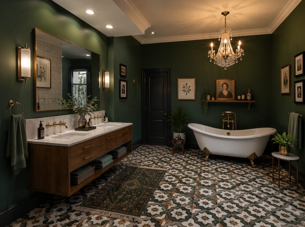 Crystal chandelier over clawfoot tub, sconces at vanity