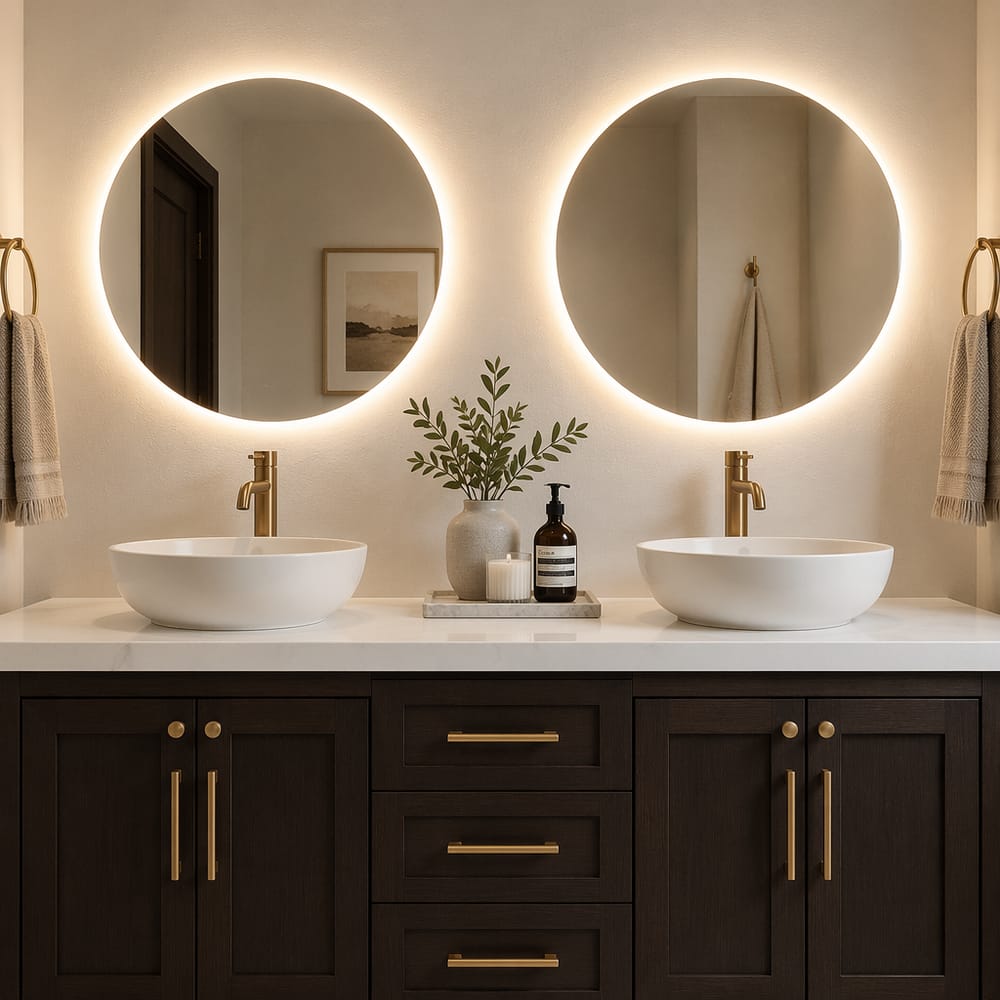 Twin LED halo mirrors above vessel sinks