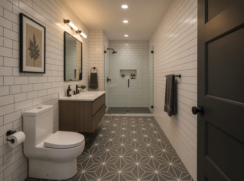 Galley bathroom with horizontal sconces above mirror