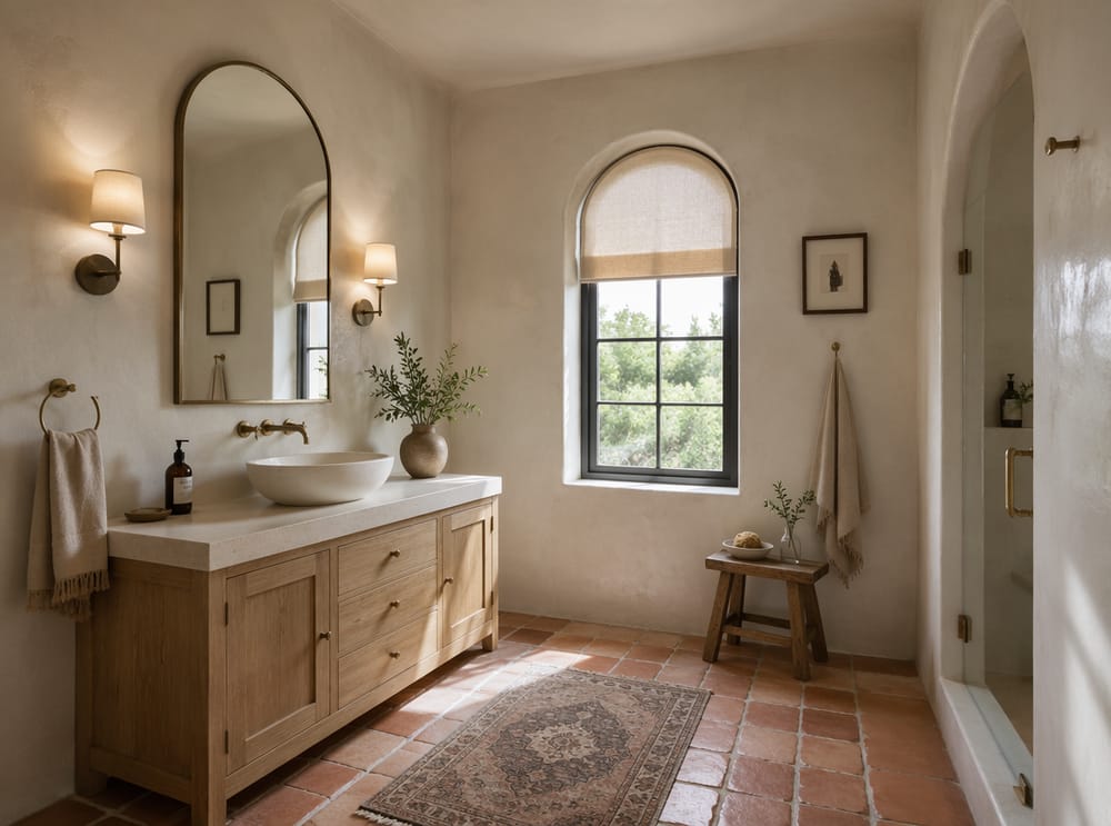 Arched mirror and window sharing a sconce-lit wall