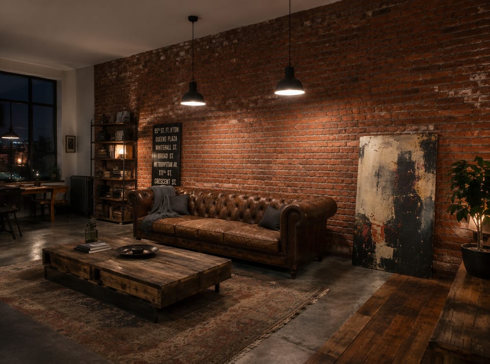Parete in mattoni a vista con divano chesterfield in pelle