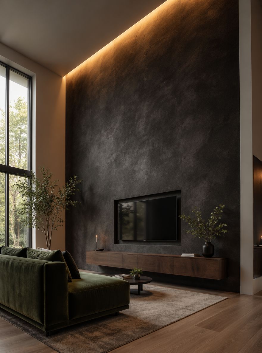 Parete in calce color carbone con mobile TV sospeso in noce