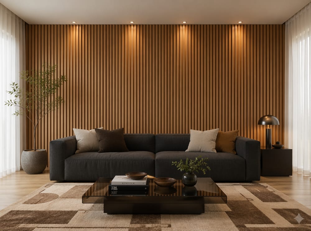 Parete a doghe verticali in rovere miele dietro divano antracite