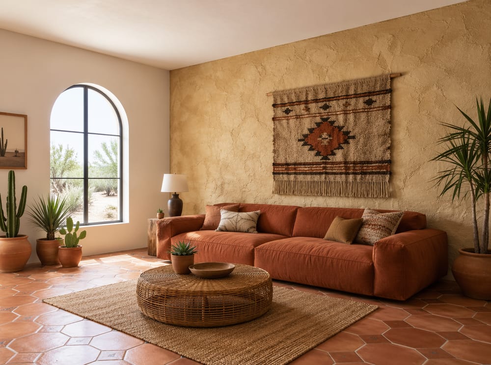 Parete in stucco color sabbia con arazzo intrecciato sopra il divano