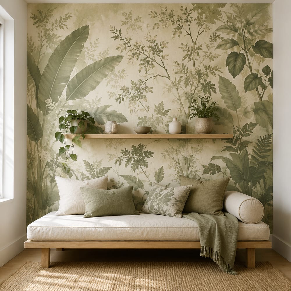 Parete murale botanica con letto da giorno in lino sotto