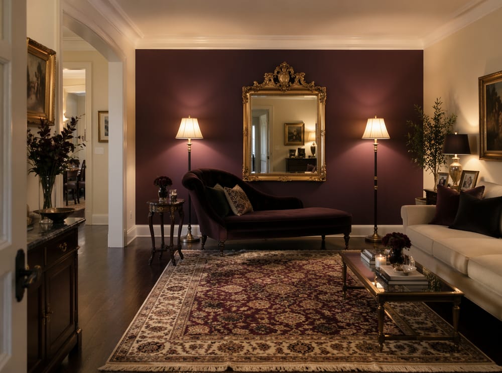 Parete prugna scuro con specchio dorato e chaise longue