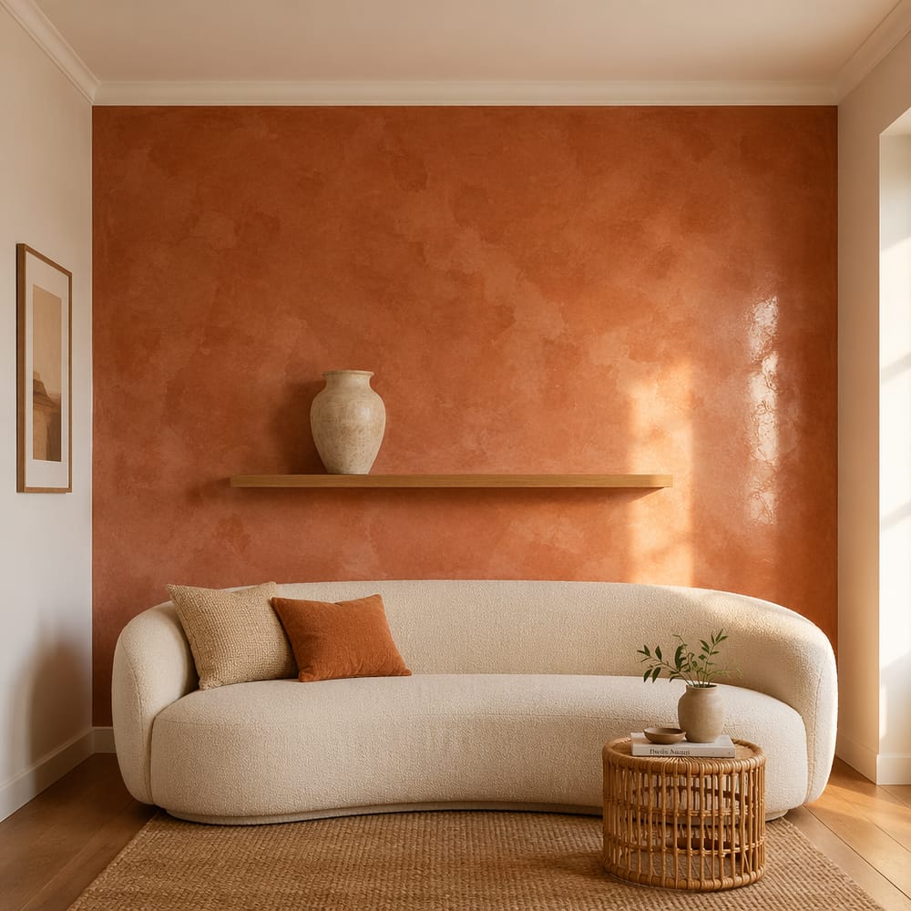 Parete in stucco veneziano con mensola sospesa in rovere