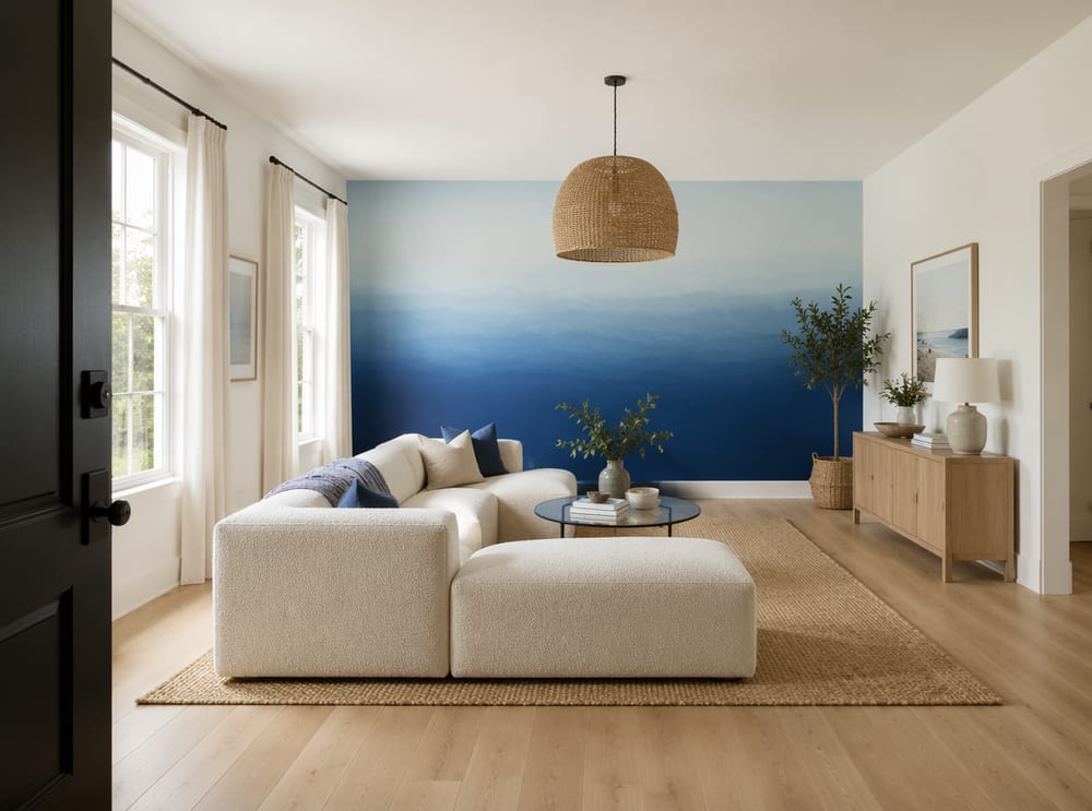 Parete ombré dal blu navy al cielo dietro divano bouclé