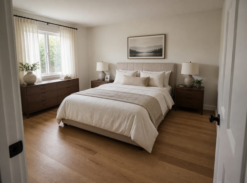 Bed anchored on longest wall, clear circulation paths