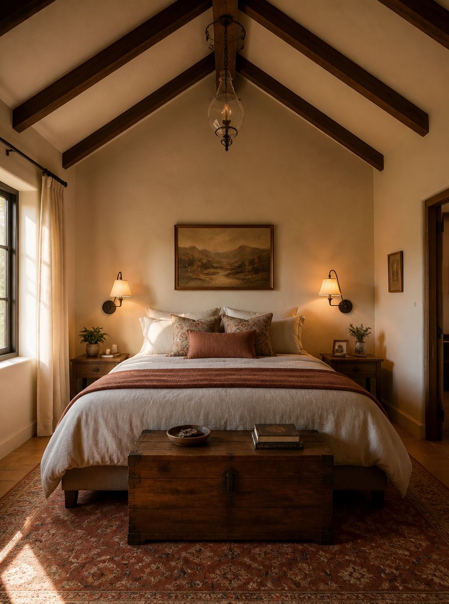 Vaulted ceiling with exposed beams above bed
