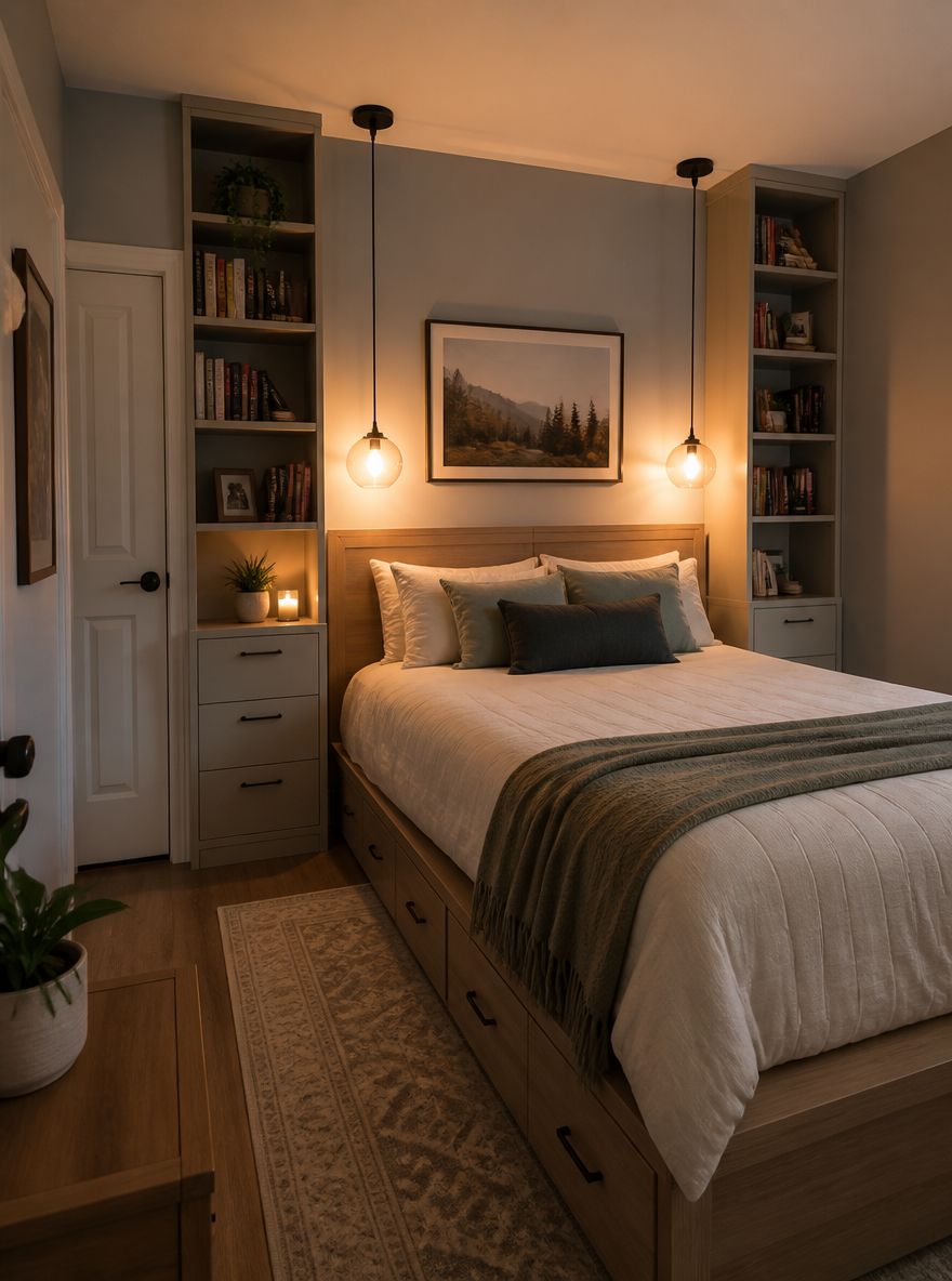 Vertical storage flanking bed in compact room