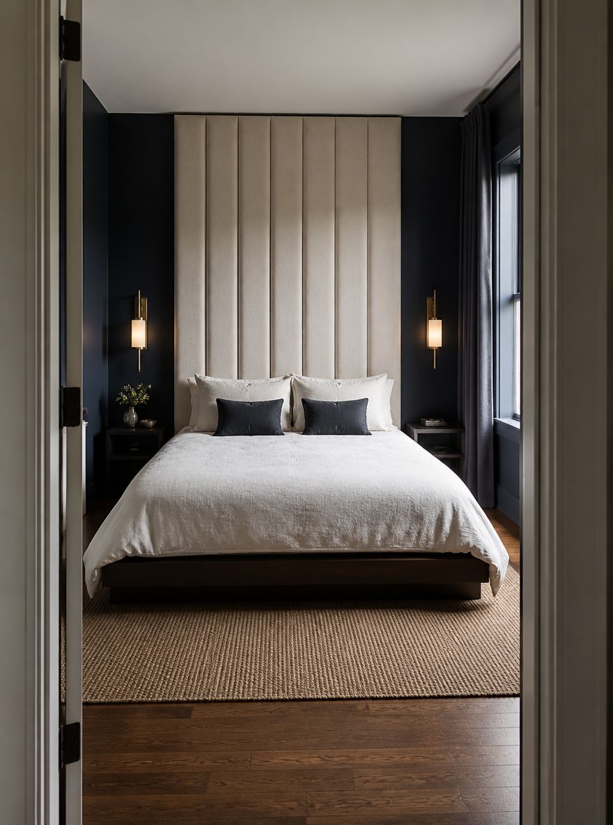 Tall headboard emphasizing ceiling height