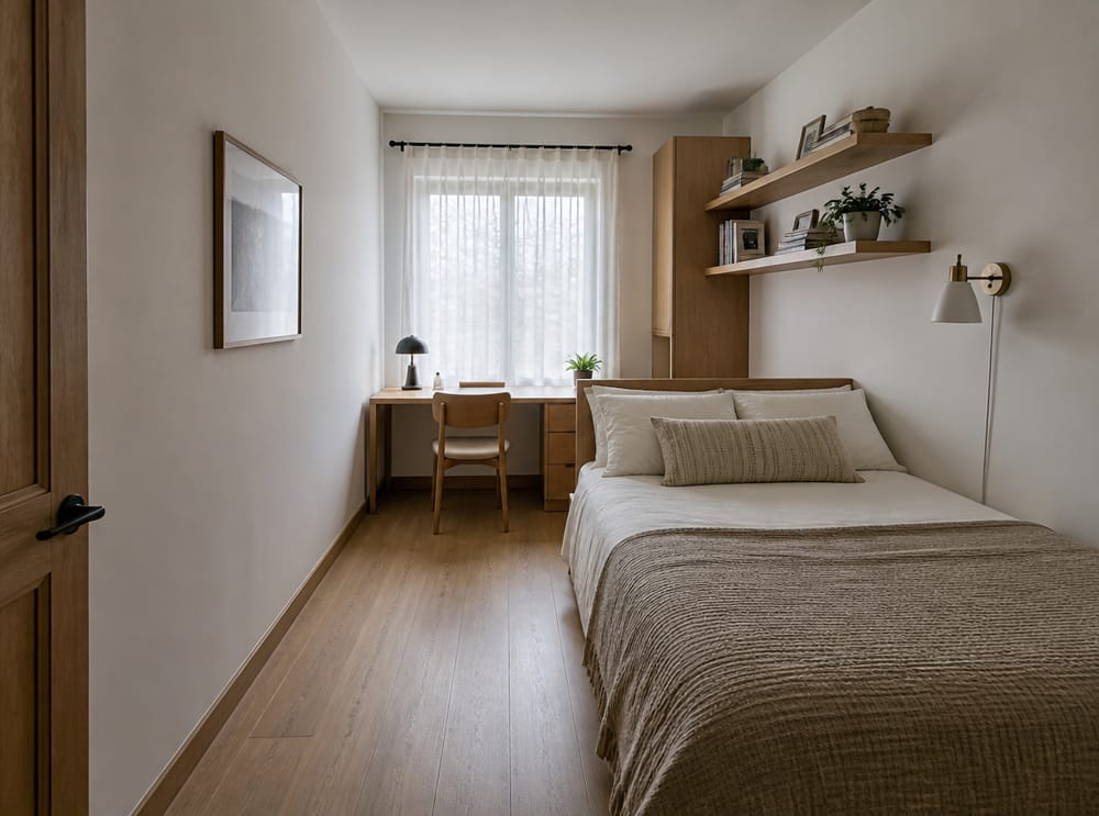 Narrow room with desk at far window wall