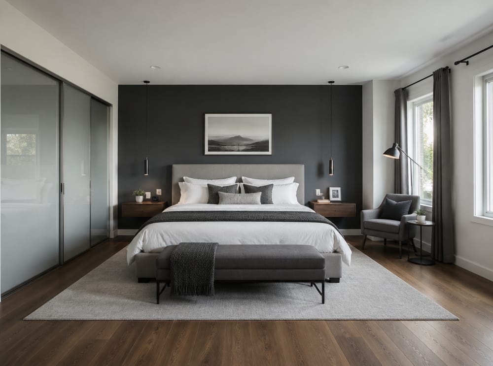 King bed opposite entry with reading corner