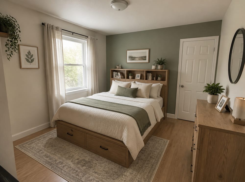 Built-in headboard niche with under-bed drawers