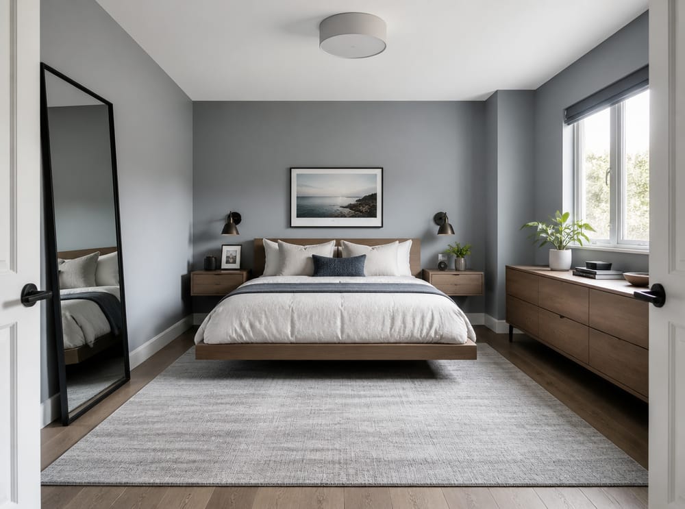 Floating bed and wall-mounted nightstands, open floor