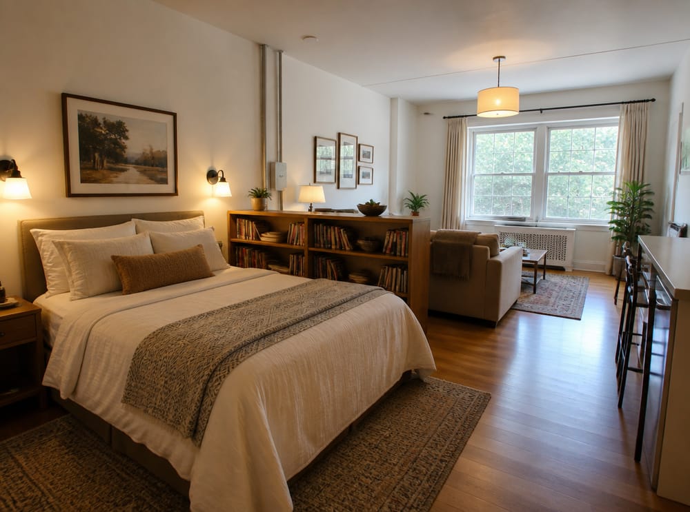 Low bookshelf dividing sleeping and sitting zones