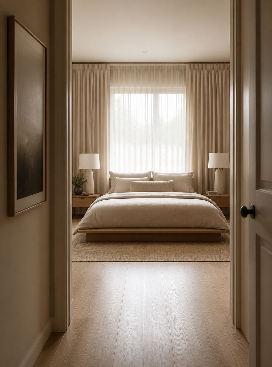 Platform bed silhouetted against curtained window