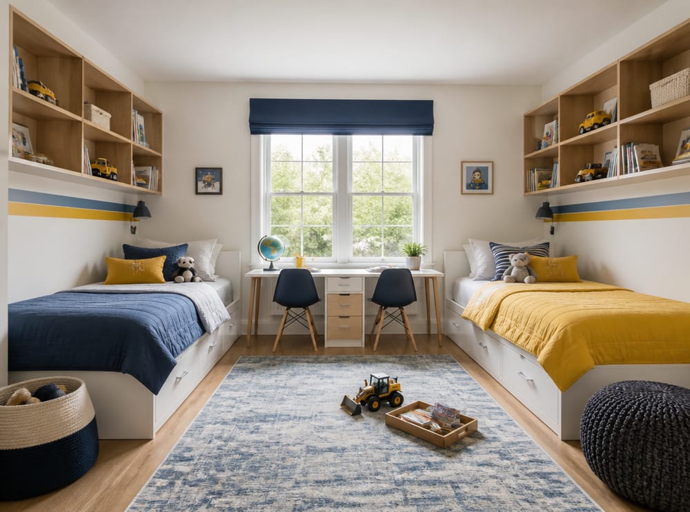 Twin beds on opposite walls, shared central floor