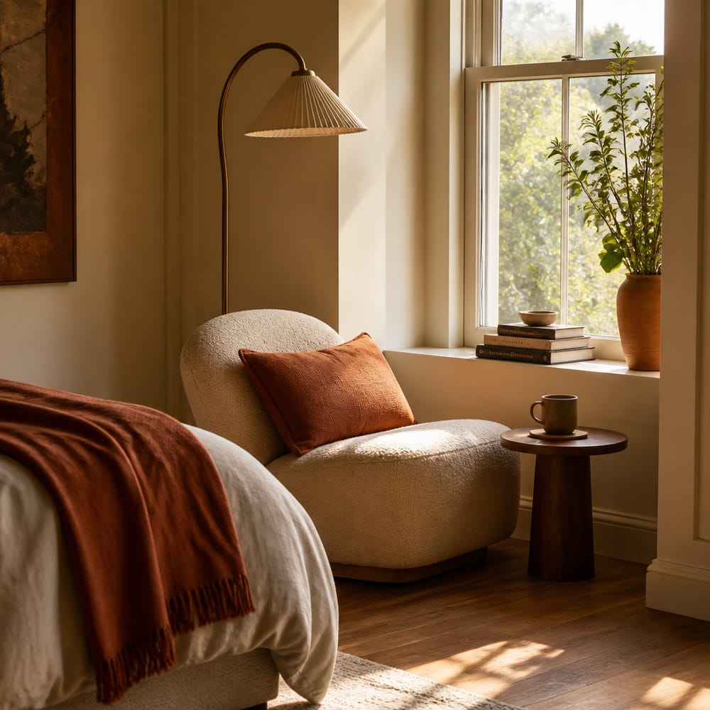 Reading nook tucked beside bedroom window