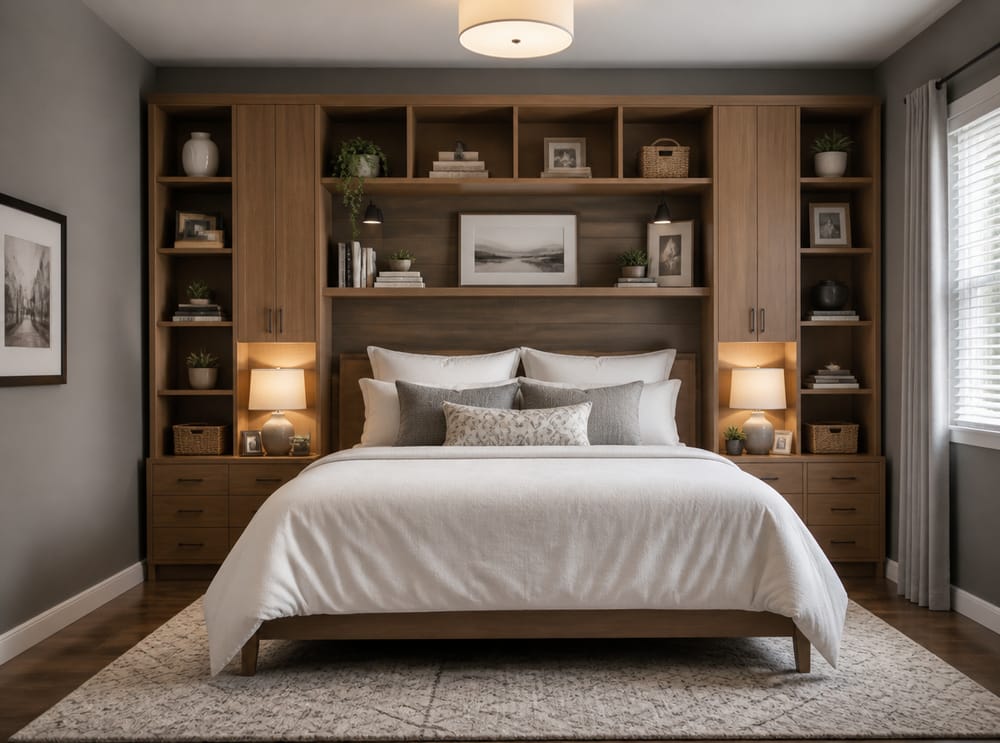 Full-width built-in shelving as headboard wall