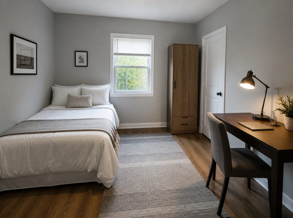 Bed in corner, desk along opposite wall