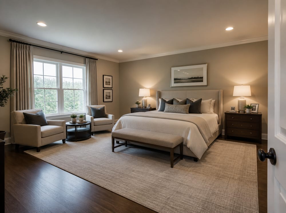 Sitting area near windows beside king bed