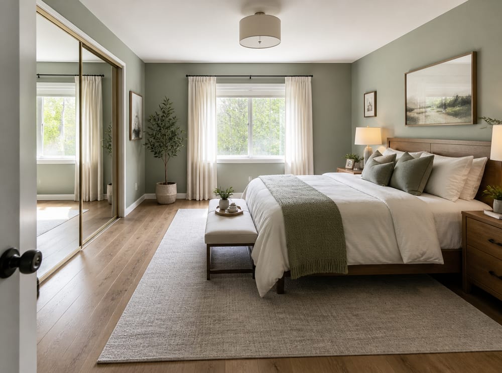 Mirrored wardrobe expanding narrow bedroom visually