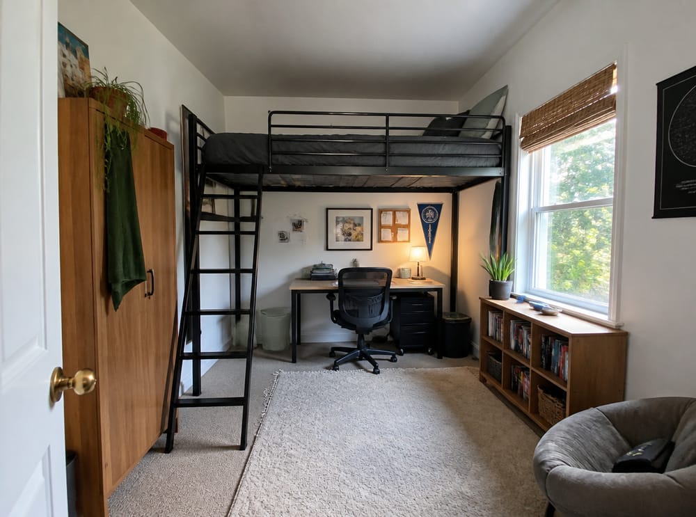 Loft bed freeing desk space underneath