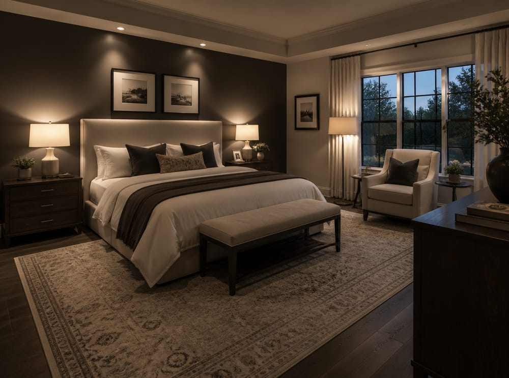 Layered lighting from recessed, table, and floor lamps