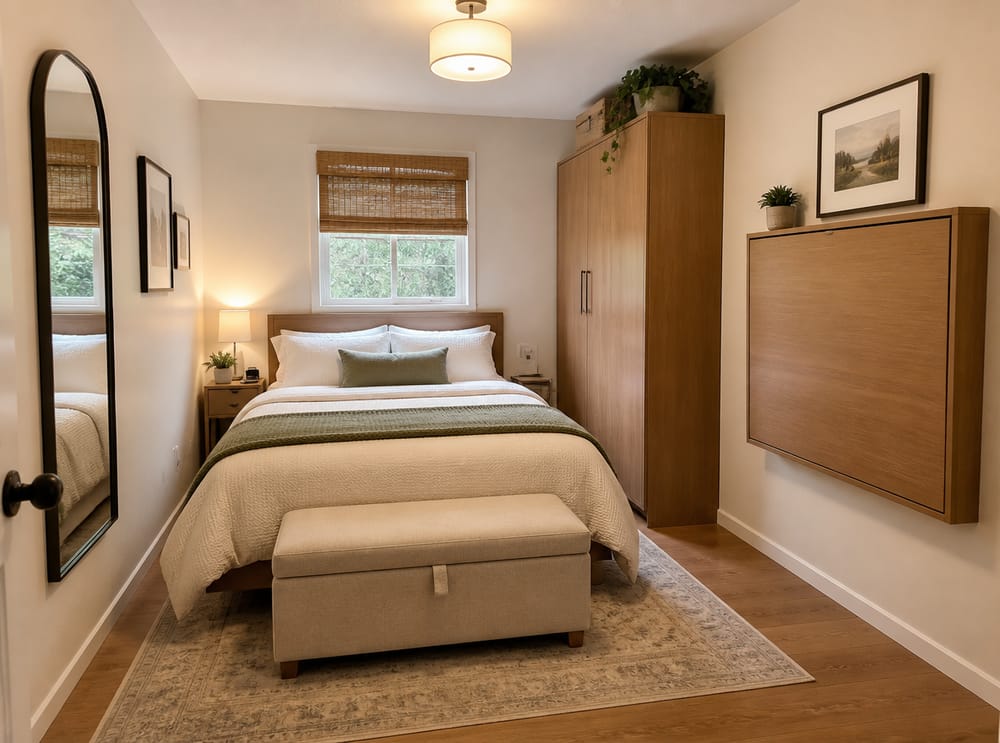Fold-down desk on wall beside wardrobe