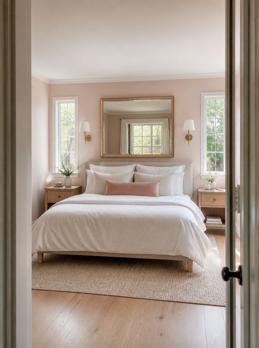 Mirror above headboard reflecting natural window light