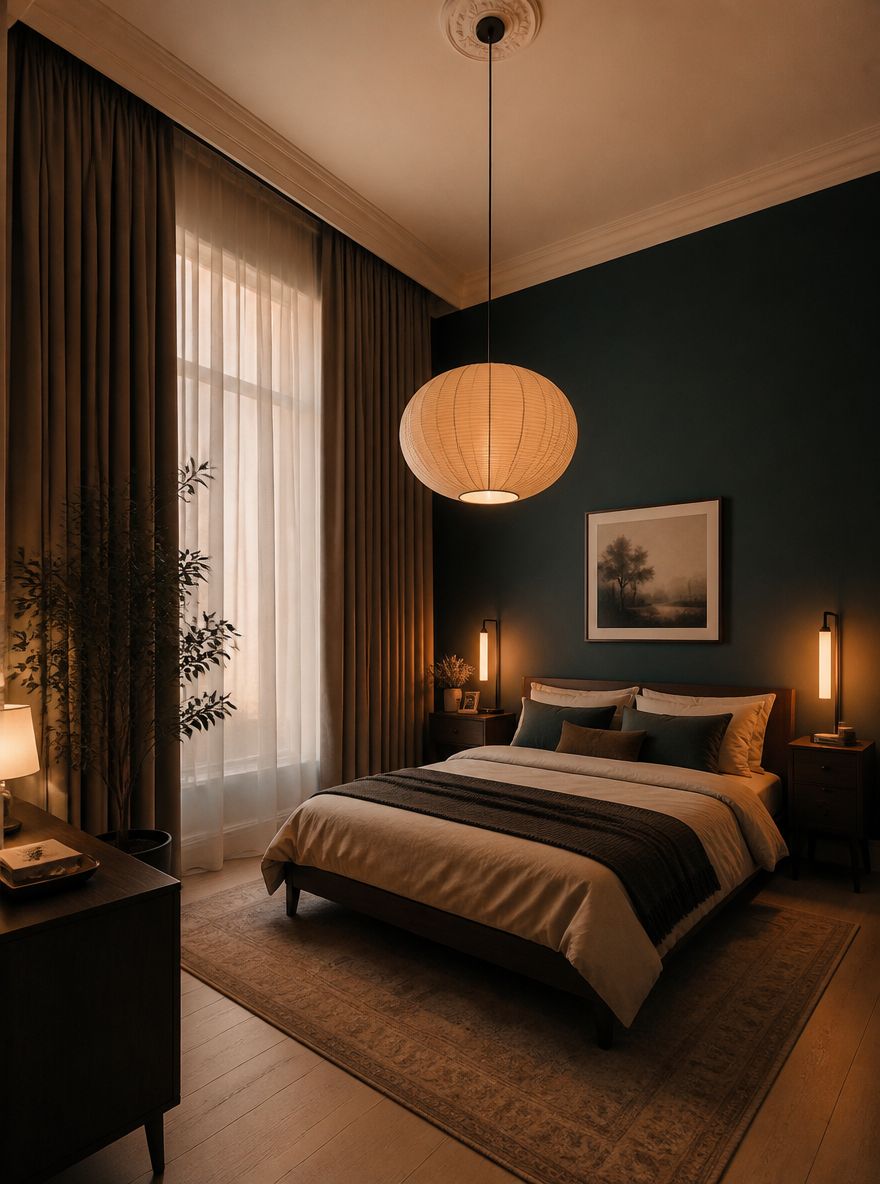 Floor-to-ceiling drapes emphasizing tall ceiling