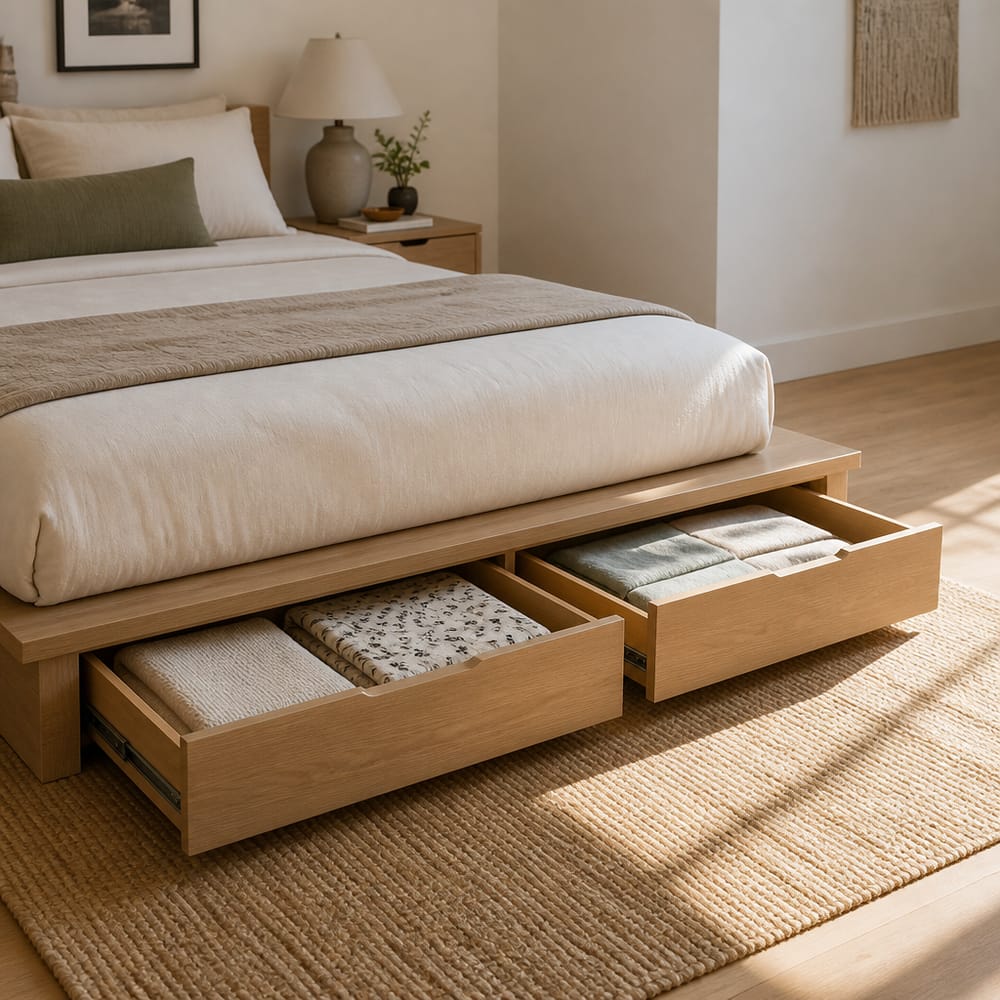 Under-bed drawers open showing linen storage
