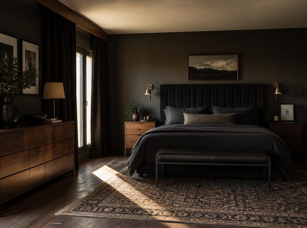 Dark walls with brass sconces beside upholstered headboard