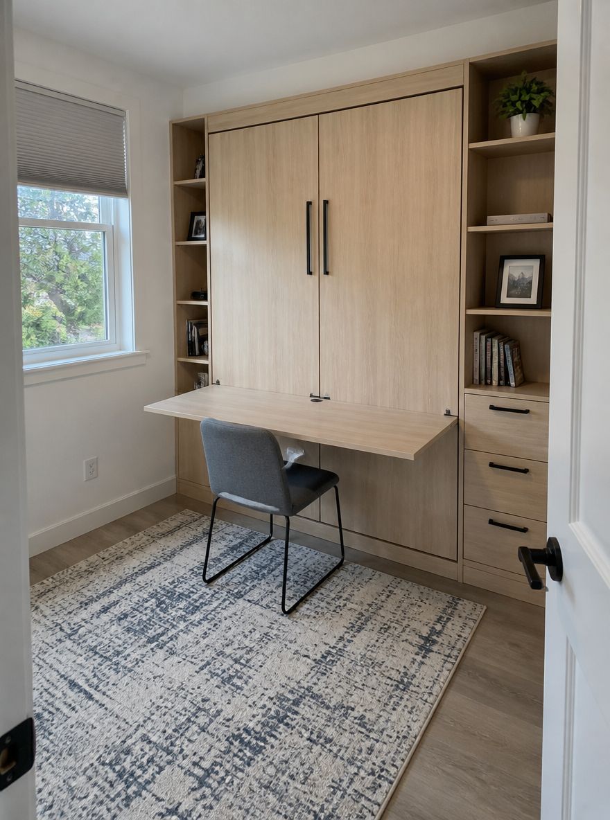 Murphy bed closed, fold-out desk in use