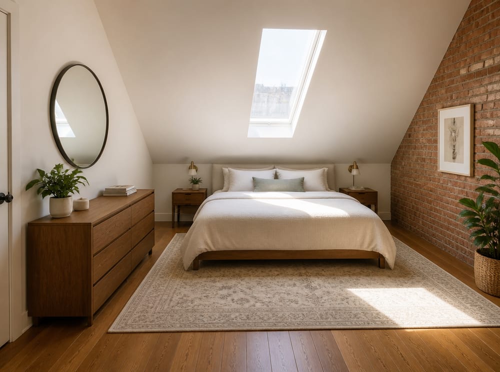 Bed under sloped ceiling below skylight