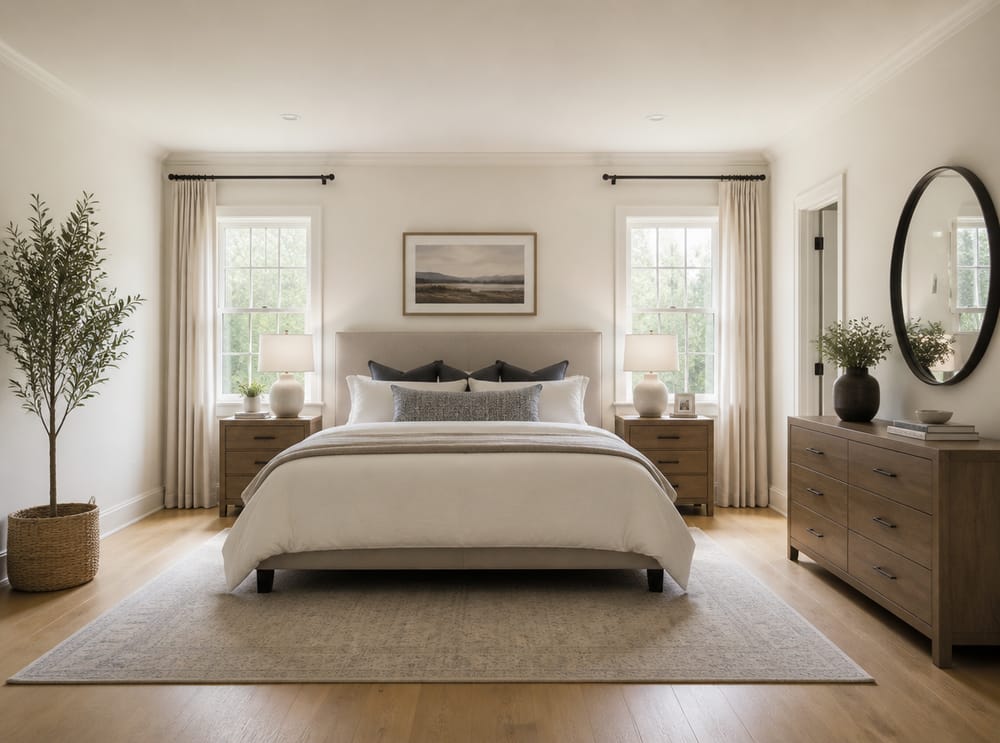 Symmetrical layout with matching windows flanking bed