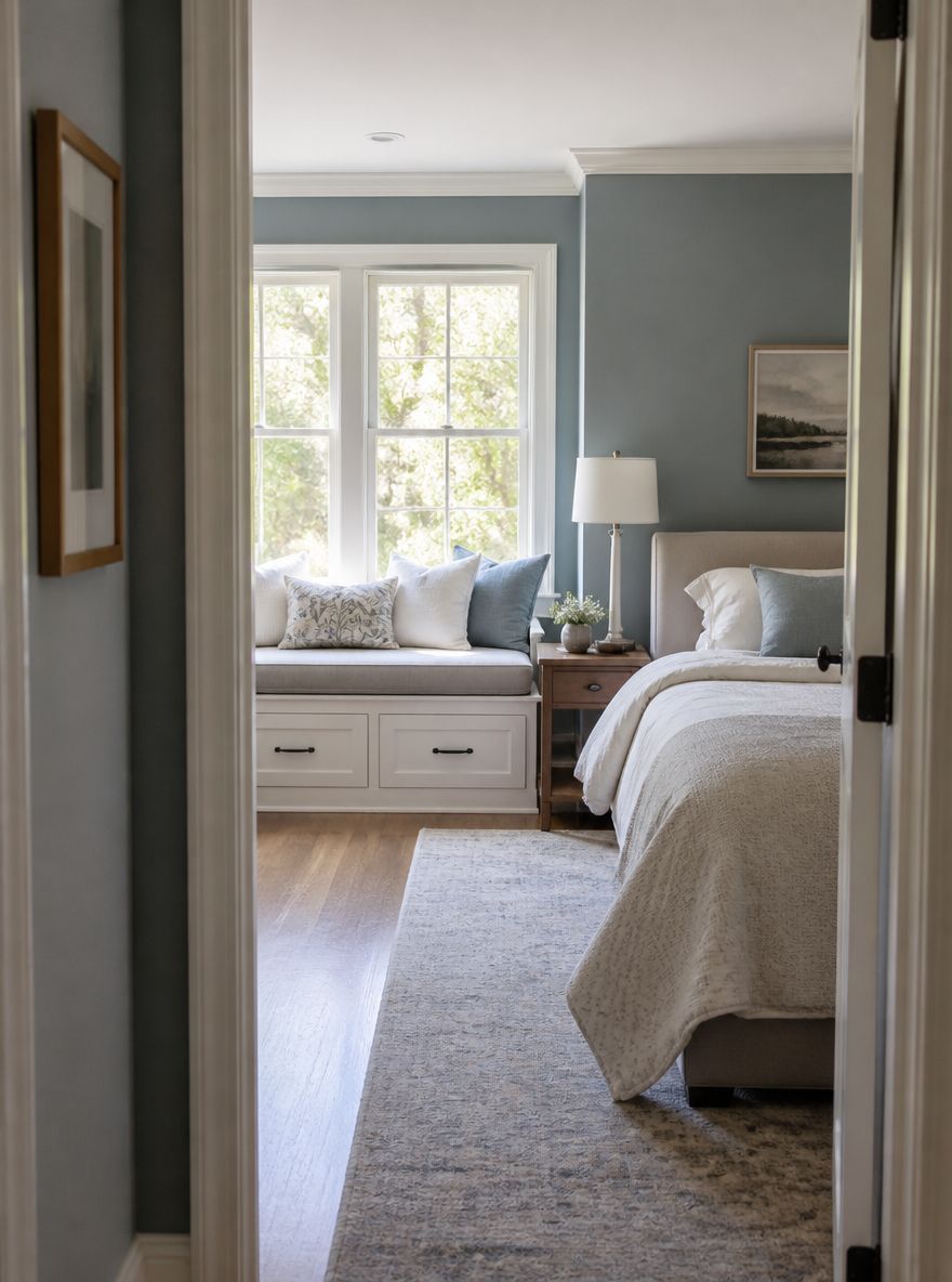 Built-in window seat with storage beside bed