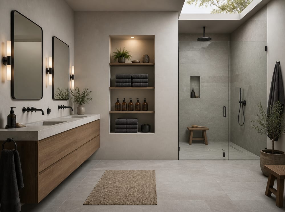 Built-in niche between vanity and walk-in shower