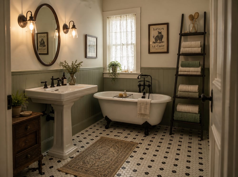 Ladder shelf beside a clawfoot tub