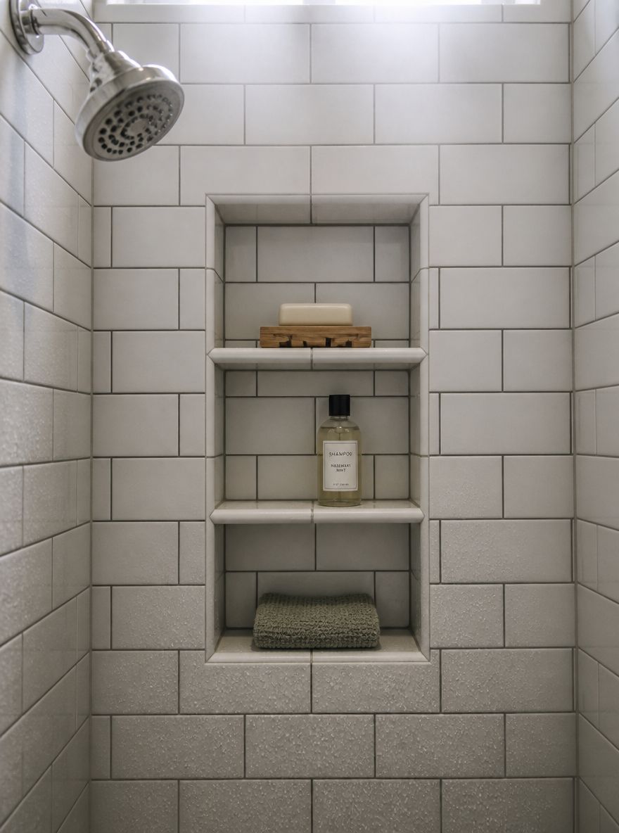 Tiled shower niche with three storage compartments
