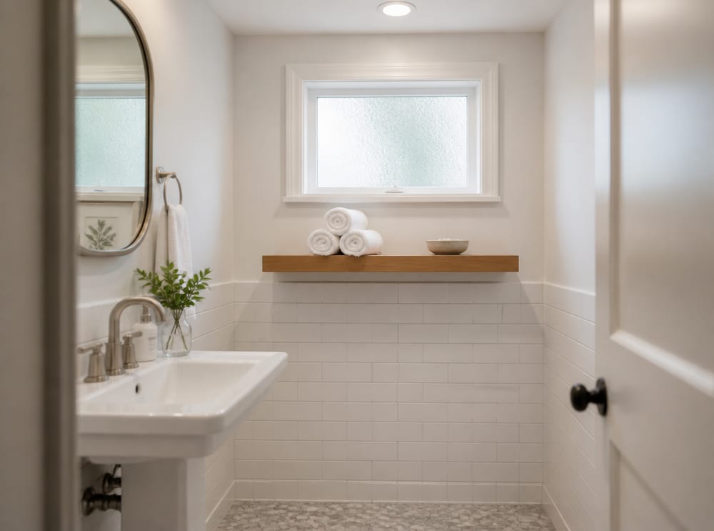 Floating wood ledge in a compact powder room