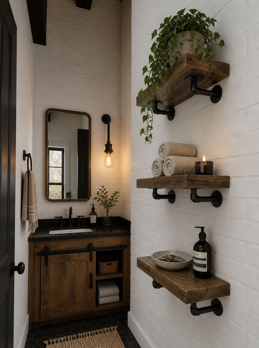 Three ascending iron-and-wood shelves on white brick