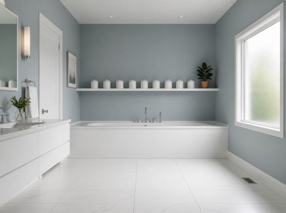 Continuous white shelf spanning the full tub wall