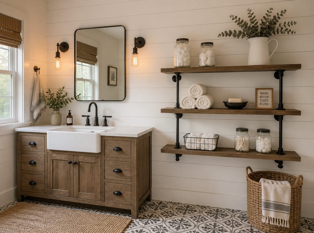 Shiplap-backed shelf unit in farmhouse bathroom