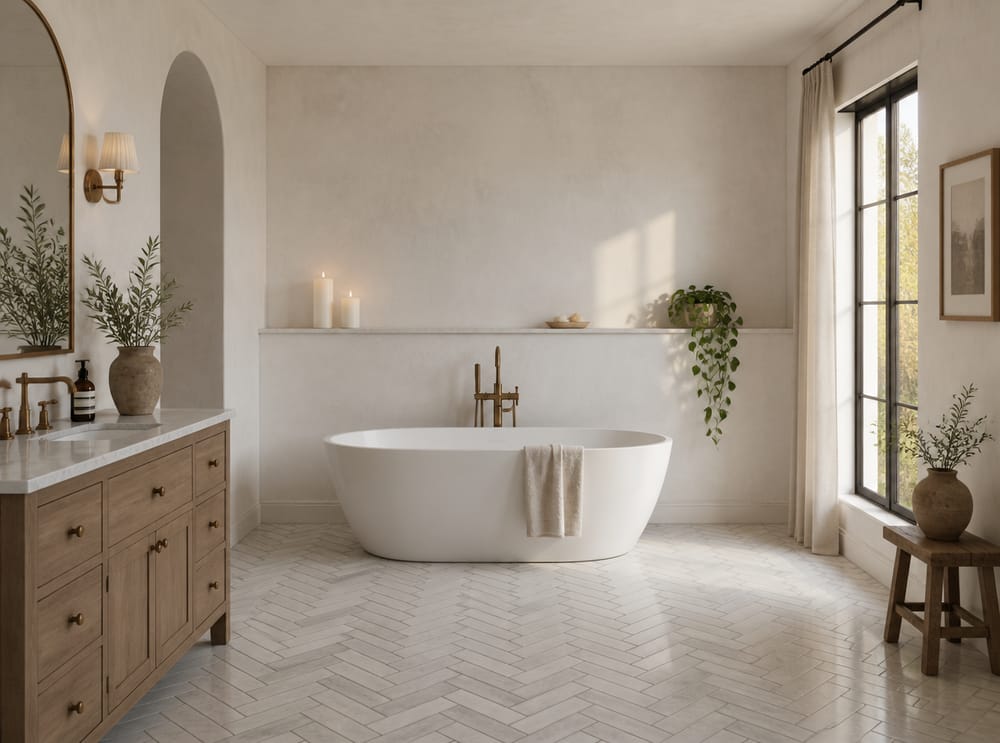 Full-length ledge shelf behind soaking tub