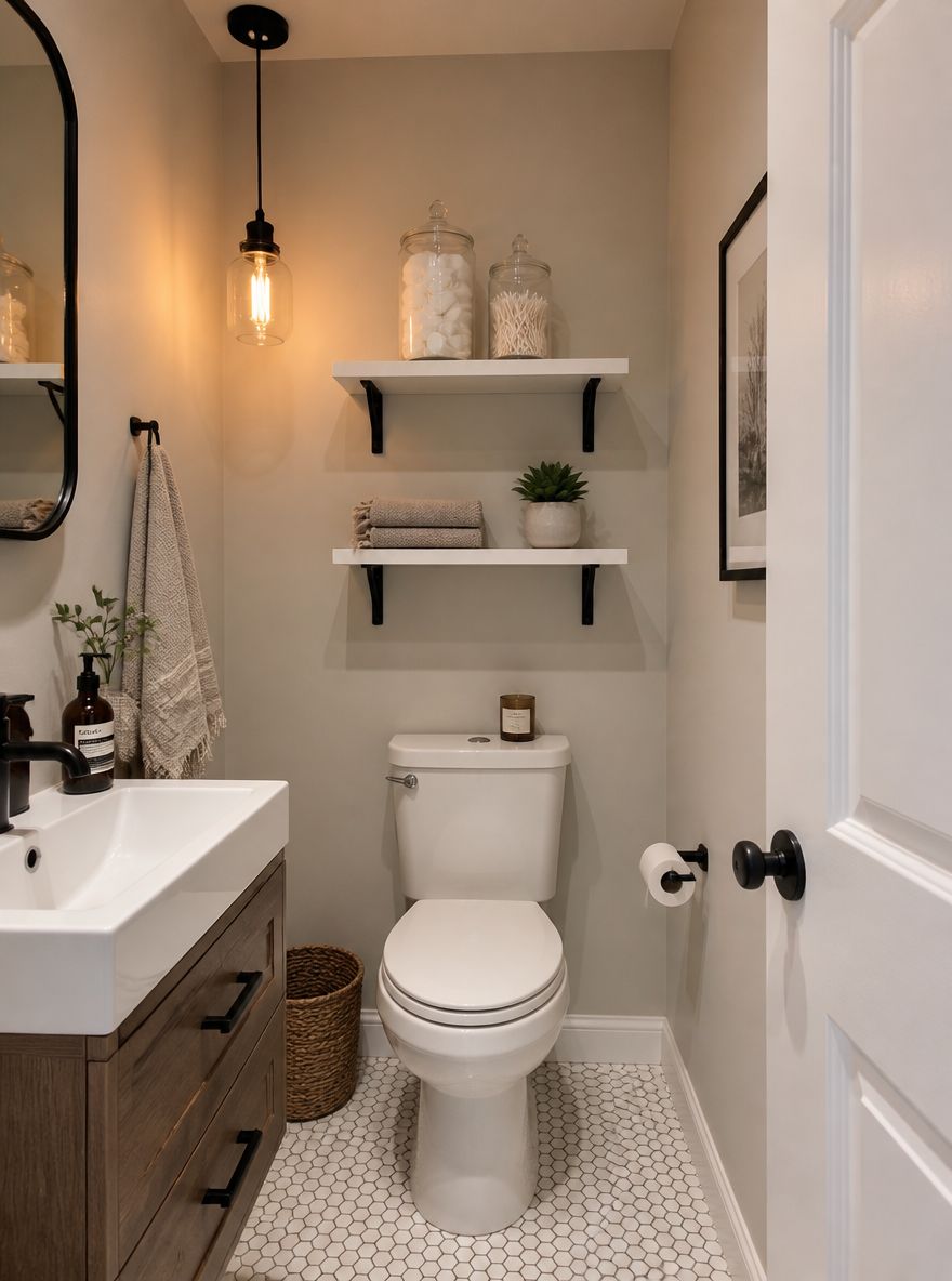 Stacked white shelves beside the toilet