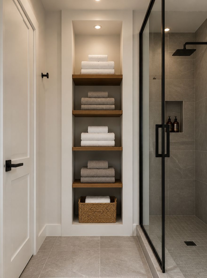 Tall built-in niche beside the shower with folded towels