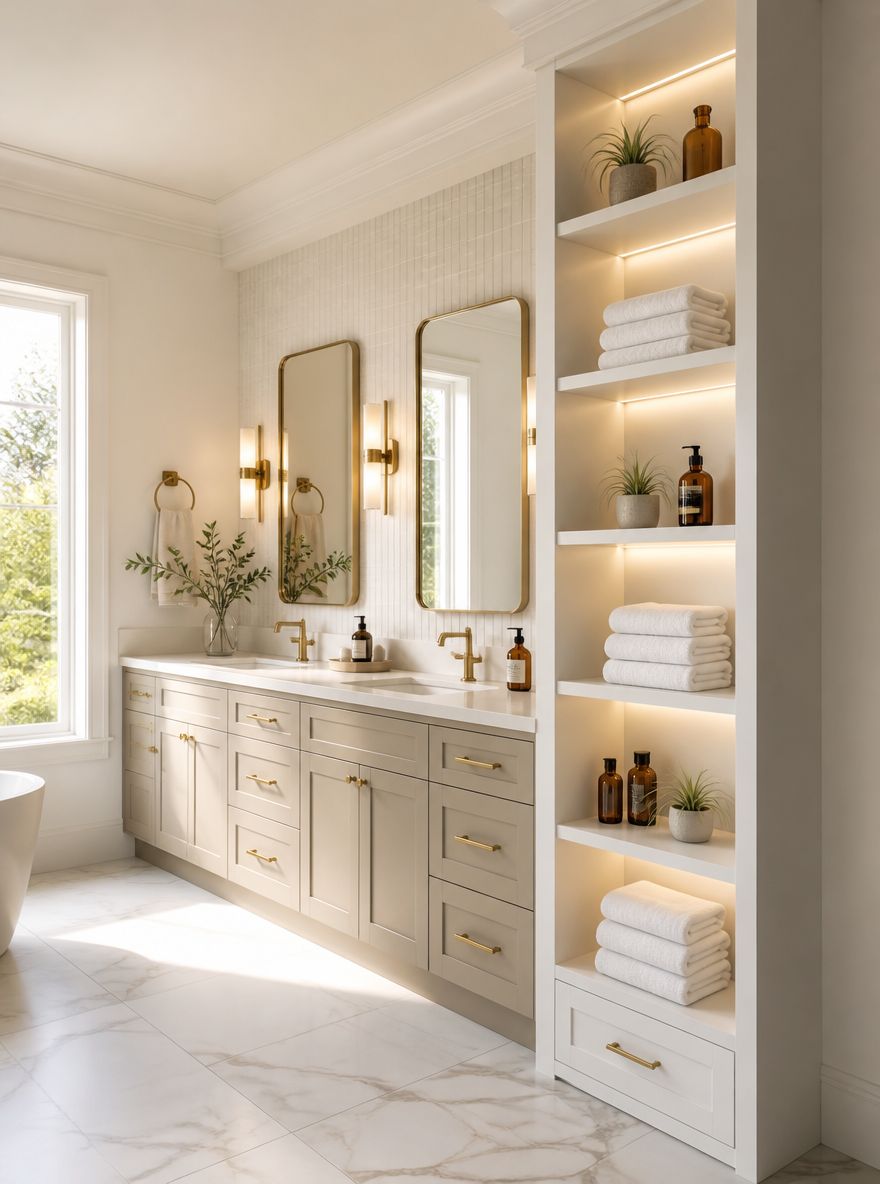 Floor-to-ceiling built-in column beside double vanity
